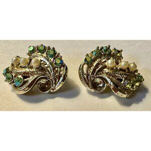 Vintage Clip On Earrings Rhinestones And Faux Pearl Leaf  Estate Sale